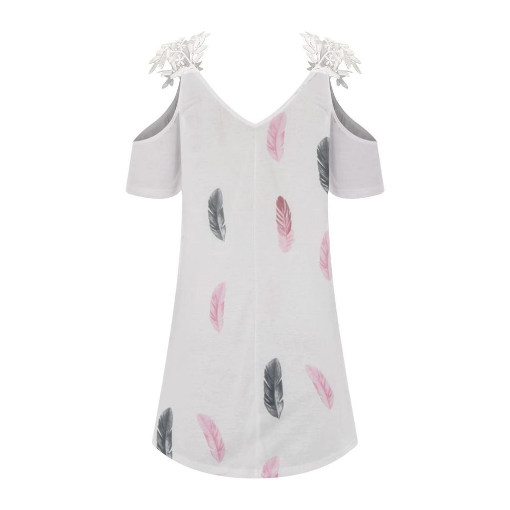 Women's Printed V-Neck Strapless Short Sleeve Spliced Lace Dress