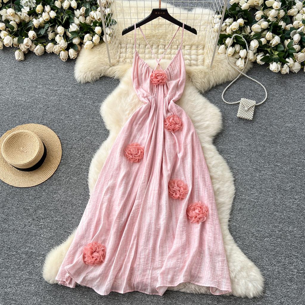 Rochie de vară Fairycore Beachwear Femei Gât în ​​V 3D Floare Chic Vacanță A Line Rochie lungă cu bretele spaghete fără spate