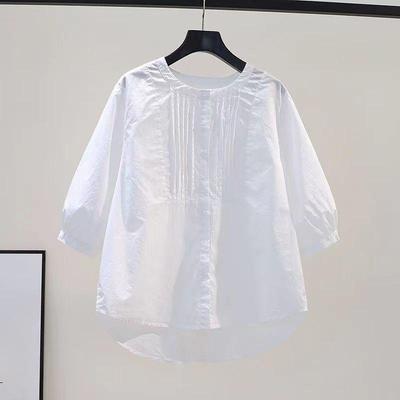 Camisa de Algodón Blanco Estilo Coreano para Mujer Verano Cuello Redondo Casual Ajuste Holgado Manga Corta Top