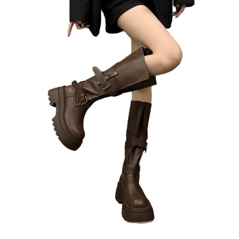 2025 autumn and winter new Maillard retro Martin boots women's versatile thick-soled stacking boots round head tall thin boots