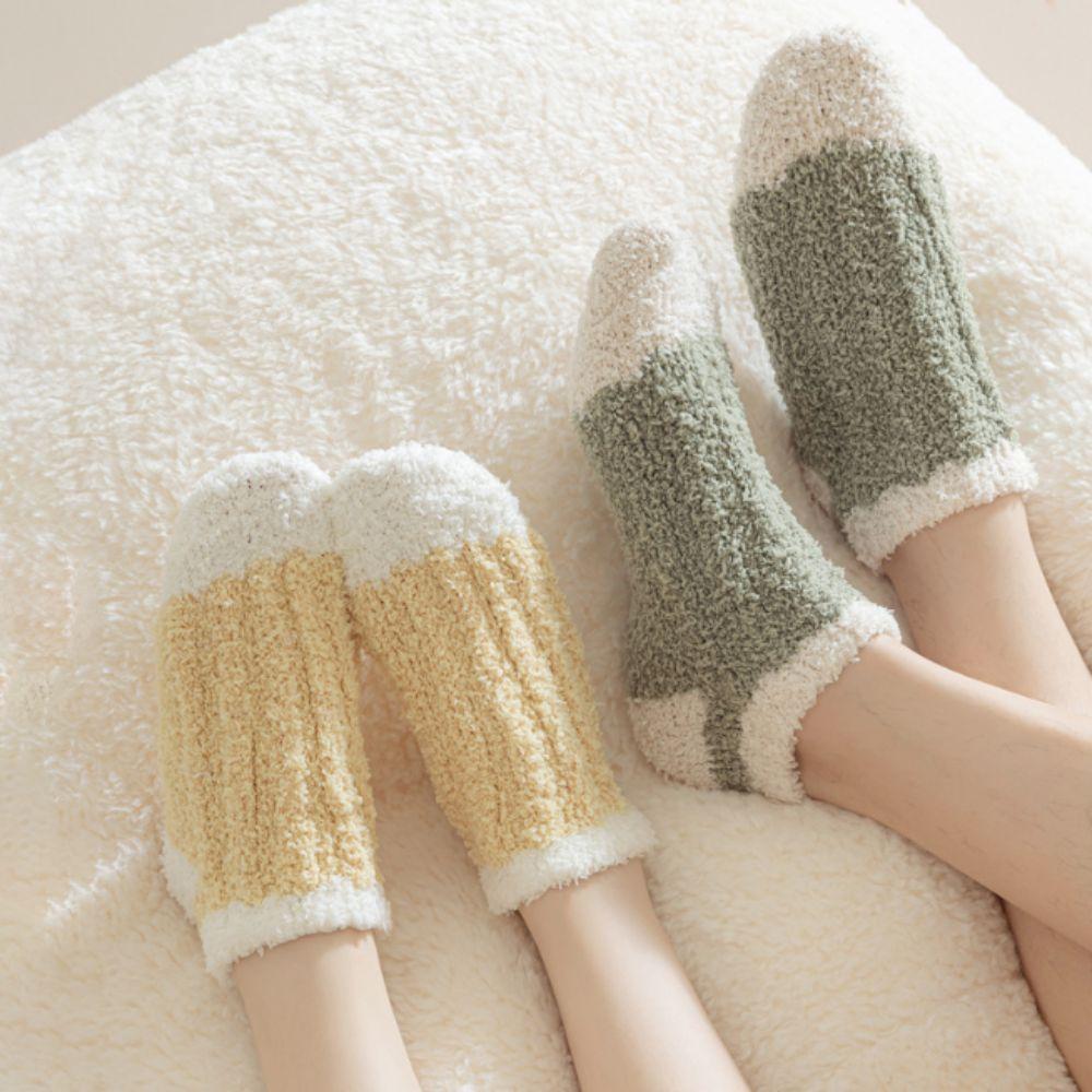 3Pairs Thickened Coral Fleece Socks Patchwork Warm Boat Socks Women Kawaii Floor Plush Socks  Winter