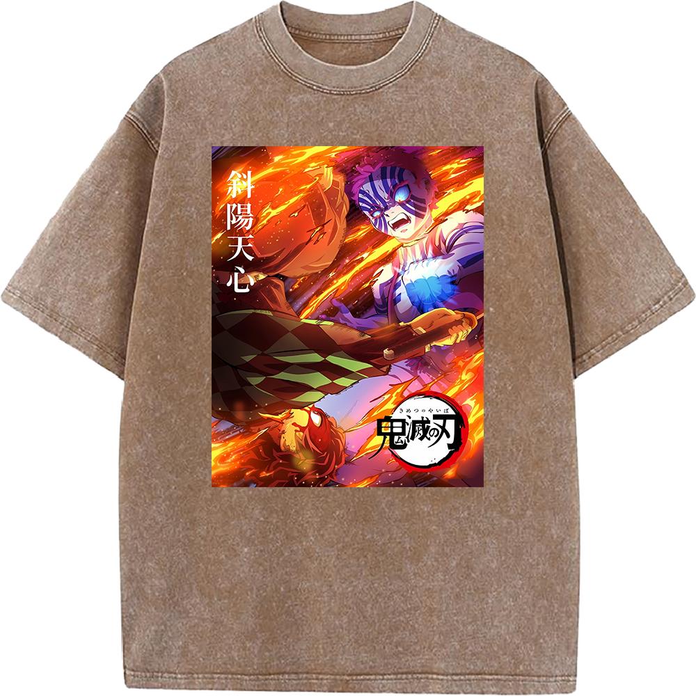 Demon Slayer Tanjirou Akaza Printed Tshirt Unisex Washed Cotton Tshirts Oversized Streetwear Unisexga Vintage Tee Harajuku M
