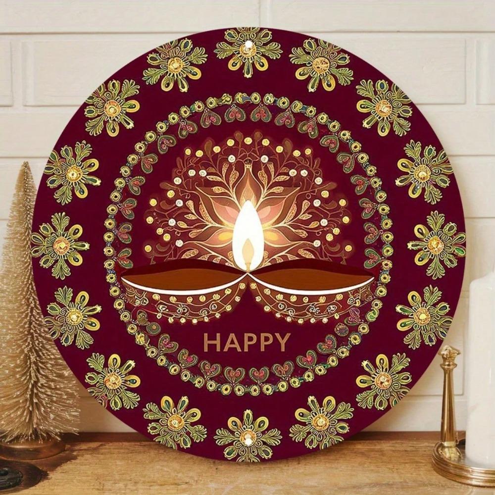 Metal Diwali Wall Art 2D Oil Lamp Flower Sign Pre-Drilled Hanging Plaque For Home Shop Classroom 7.87x7.87in