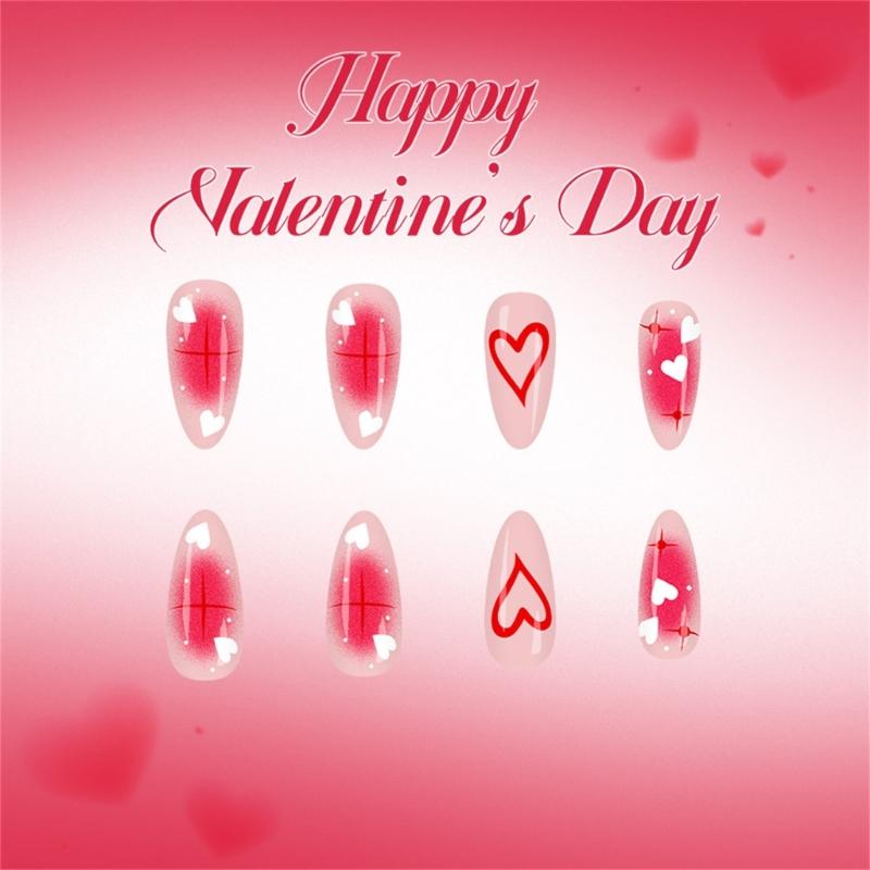 24 PEZZI Unghie Finte Press On in ABS Lucido Lunghezza Media Forma Gocce d'Acqua San Valentino Rosa Cuori con Accenti Dorati Stellati
