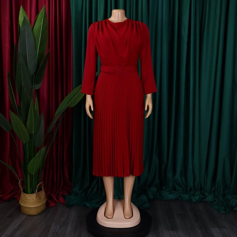 Women Elegant Solid Color High Waist Pleated Office Plus Size A Line Midi Dress