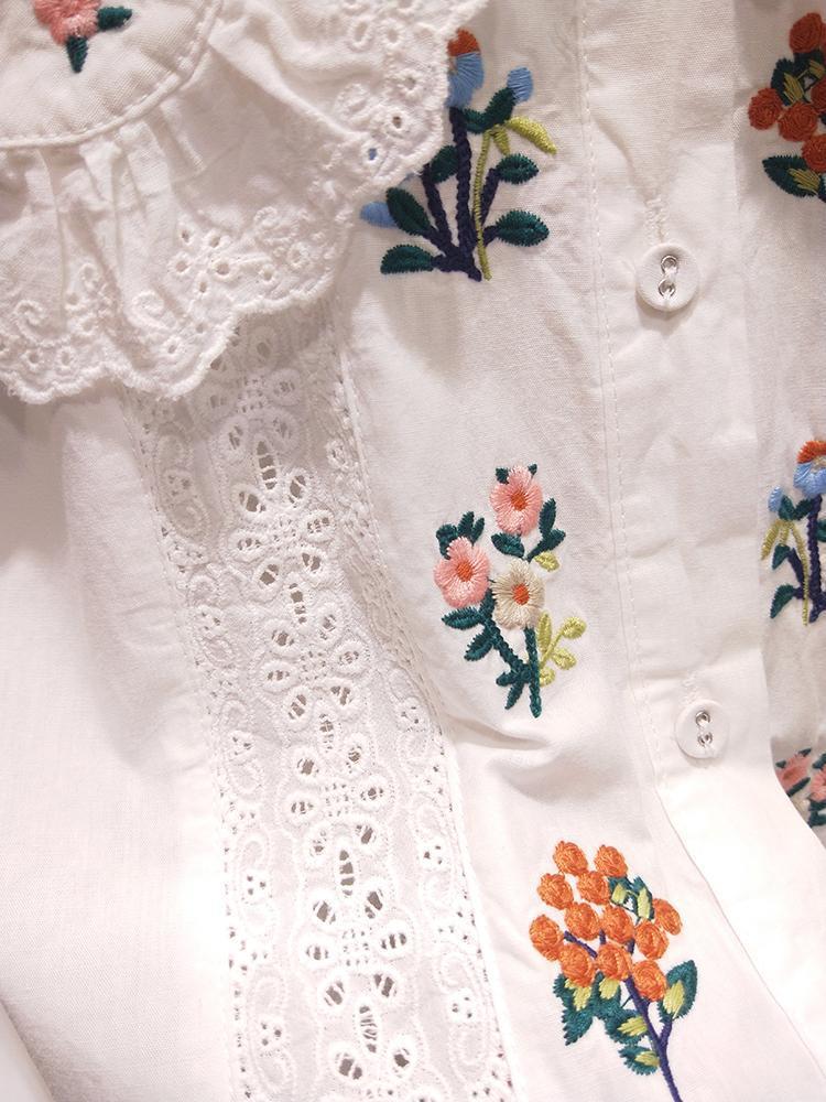 Damen Plus Size Bestickte Spitze Puppenkragen Langarmshirt - Frühling/Herbst Modischer Studentenstil