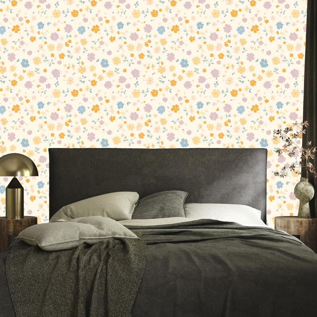 Cottagecore Flowers Wallpaper White, Cream, Light Gray and Coral 50x1000