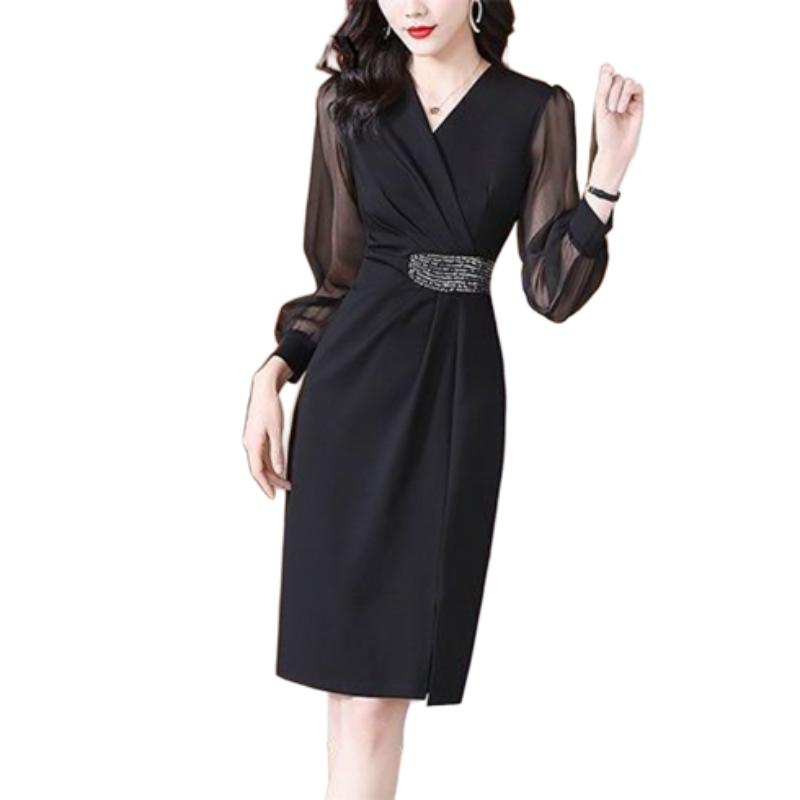 Women's Korean-French Style Slim-Fit Elegant Stylish Bodycon Dress Solid Color Printed V-Neck Long-Sleeve One-Piece Dress