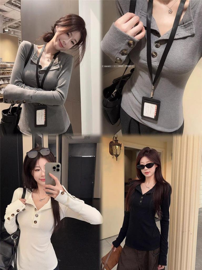 Spicy Girl Henry V-Neck Slim-Fit Buttoned Long-Sleeve Top