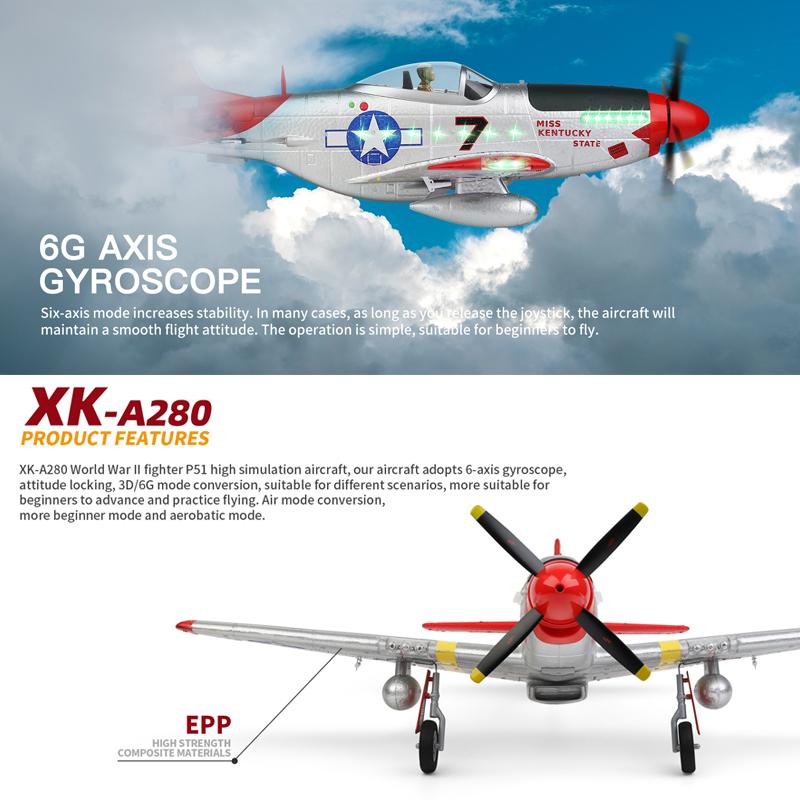 Aereo RC A280 2.4G 4CH Modalità 3D6G Aeroplano P51 Caccia Simulatore con Faro LED Giocattoli Aerei RC per Bambini