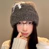 Bow plush knitted hat women's Japanese versatile face small wool hat big head circumference warm bag head hat
