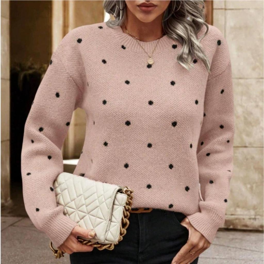 Women's Sweaters, Fashion Round Neck, Long-sleeved Pullover Sweaters, Women's Polka Dot Knitwear Tops