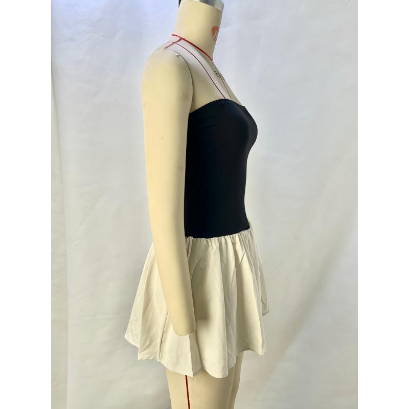 Rochii de vară pentru femei, cu guler într-o singură linie, cu îmbinare în culori, pliate, subțiri