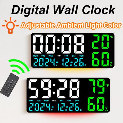 Large Digital Wall Clock with Atmosphere Lights Remote Control Temp Humidity Display LED Table Clock Multifunctional Alarm Clock