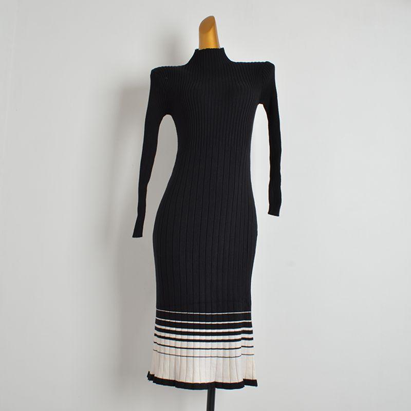 

Fall and Winter New Arrival Stripes Contrast Color Half-High Collar Long Sleeves Knitting Dress Women s Tight Waist Slim Looking Elastic Hip Skirt Black One size