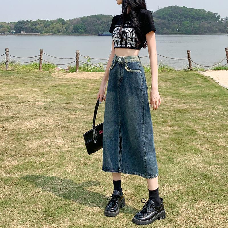 

Весенняя женская джинсовая миди-юбка с высокой талией, пэчворк, колор-блок 4XL