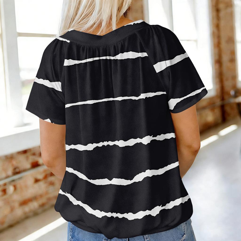 Women's Casual V Neck Short Sleeve Top Geometric Print Pleated Design Lightweight Soft Fabric Blouse for Everyday Wear