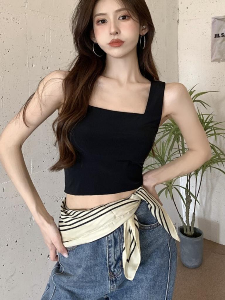 Ice Silk Wide Strap Camis Women Solid Color Square Neck Crop Tops Fashion Padded Tube Top Female Sleeveless Camisole