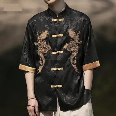 Summer Chinese Traditional Dress Dragon Embroidery Shirt Men Ice Silk Short Sleeve Shirts