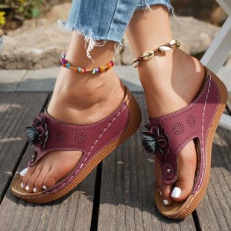 New European large size flower wedge slippers female beauty solid color retro flip-flops female