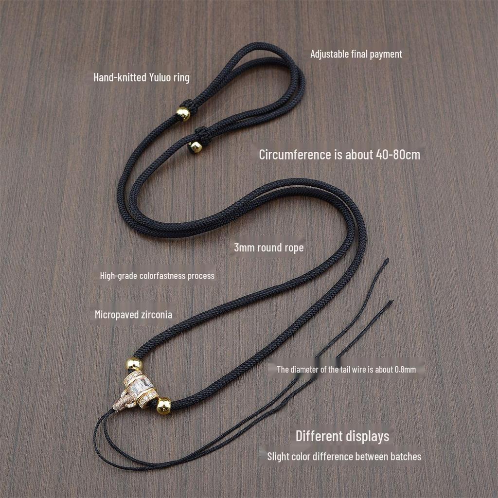 Hand-Woven Alloy Jade Pendant Necklace with Gold Lanyard Rope, Unisex and Versatile