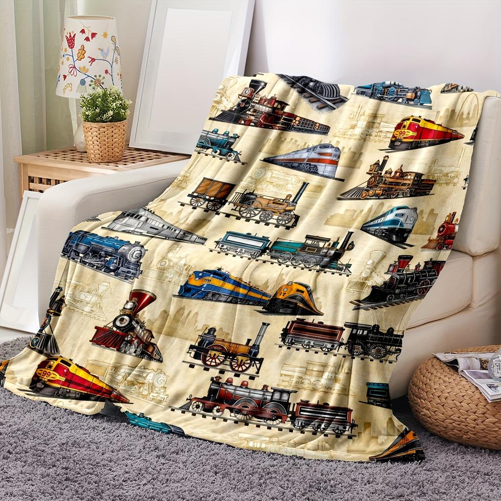 Cozy Train-Themed Flannel Throw Blanket - Soft, Warm & Lightweight for Couch, Bed, Travel, and Office Use - Versatile All-Season