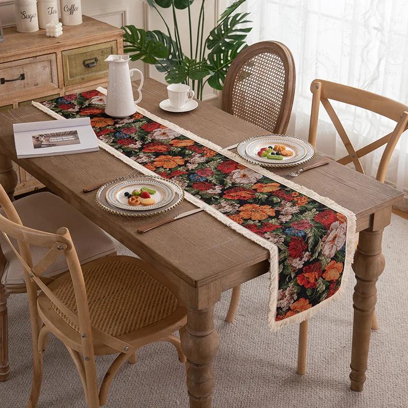 Floral Table Runner Spring Vintage Rose with Leaves Tassels Farmhouse Table Runners Decor for Dining Kitchen Table Wedding