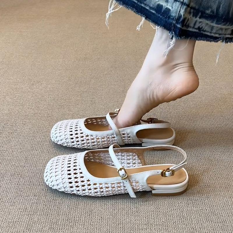 Sheepskin fashionable retro woven hollow breathable bag head sandals women's comfortable word with leather square head shoes