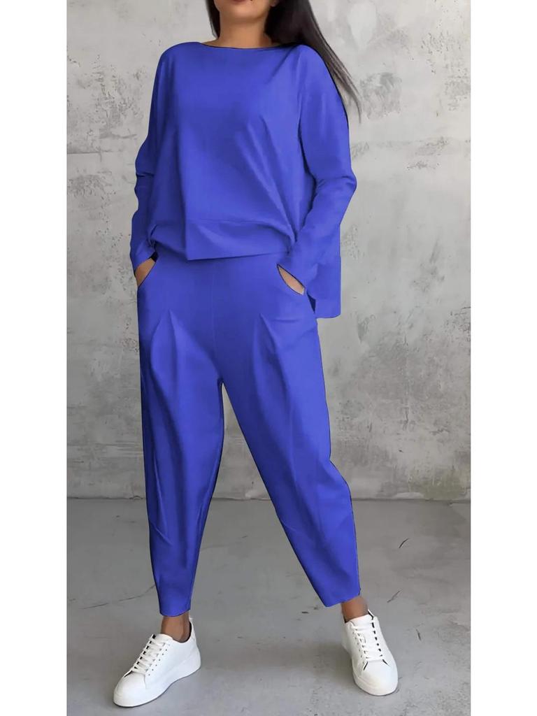 2025 Women's Solid Color Round Neck Long-Sleeve Suit with Pocket Pants