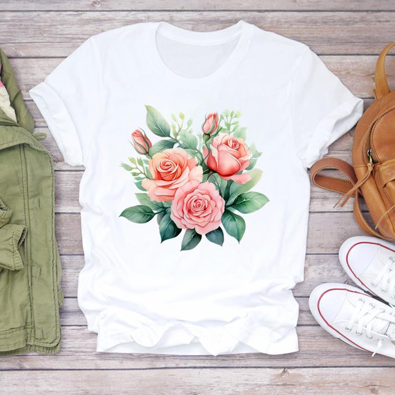 

(Asian Size) Printed sweet flower trend 90s Women Tee Lady Female Clothing T Shirt Casual Fashion Top Graphic Short Sleeve T-shirts S