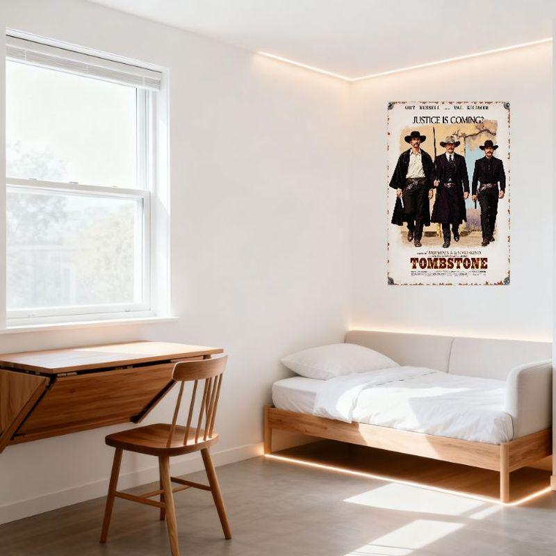 Tombstone Movie Poster Rustic Aged Old West Metal Tin Sign - Val Kilmer, Kurt Russell, Justice Is Coming, Desert Landscape Decor