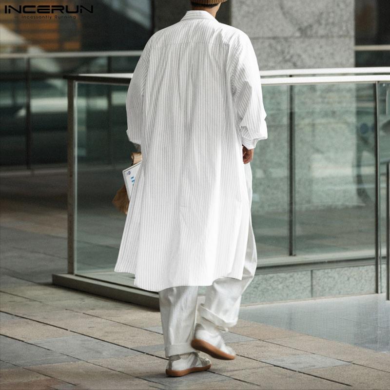 INCERUN Oversized Men Lapel Neck Long Sleeve Striped Loose Long Tunic Casual Shirts