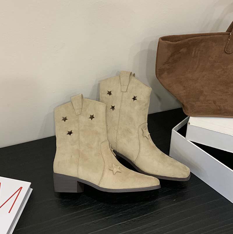 Anti-fur short boots hollow stars western cowboy boots 2025 autumn boots V-mouth thin thick-soled medium boots