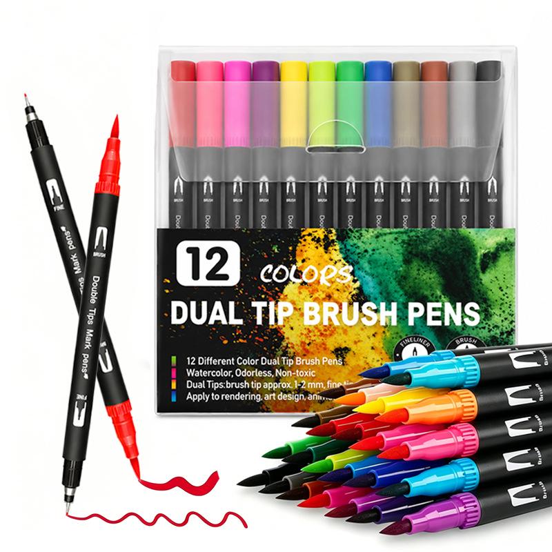 12-Color Double-Ended Marker Set: Washable, Soft-Tip Watercolor Pens for Kids' Art and Graffiti Drawing.