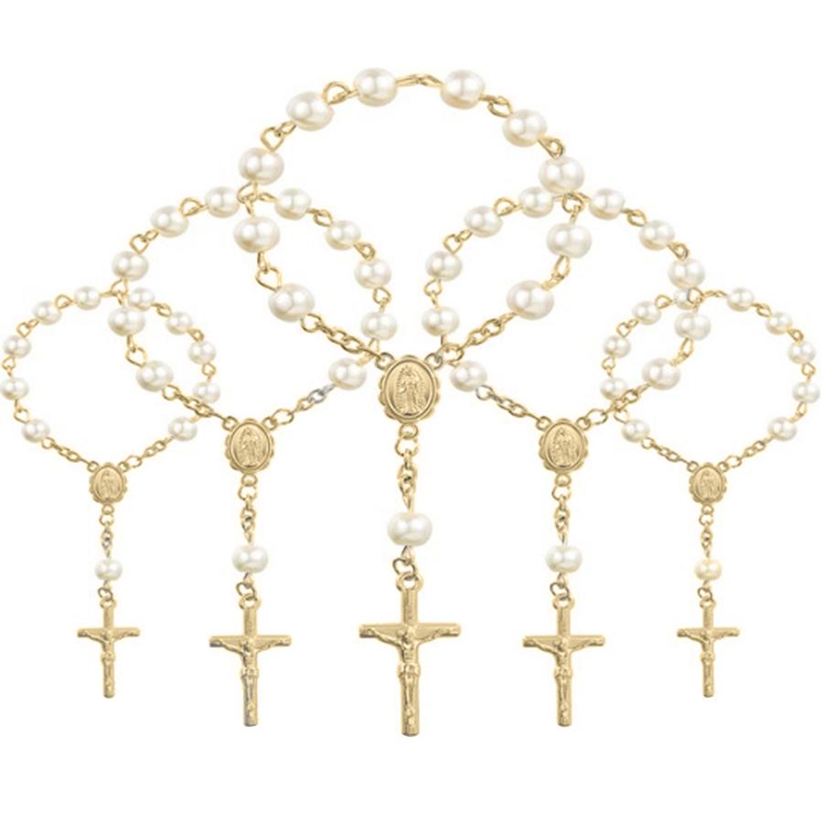 1-6pcs Golden Pearl Cross Bracelet Elegant Christening Favors for Shower Church Weddings Religious Party Souvenirs Baptism Gift