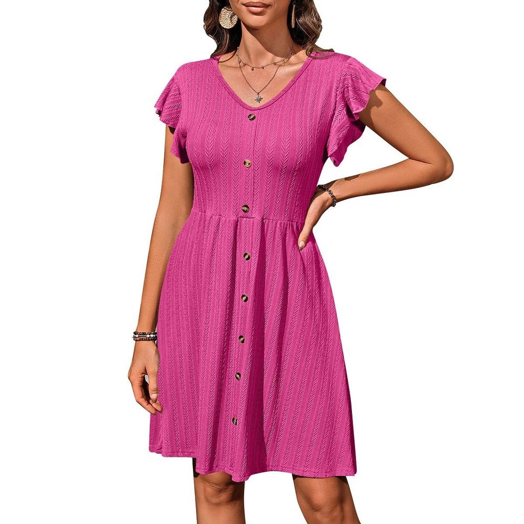Summer V-Neck Buttoned Waist Cinched Elastic Short Sleeve Dress for Women, European American Style Crossborder Women's Dress