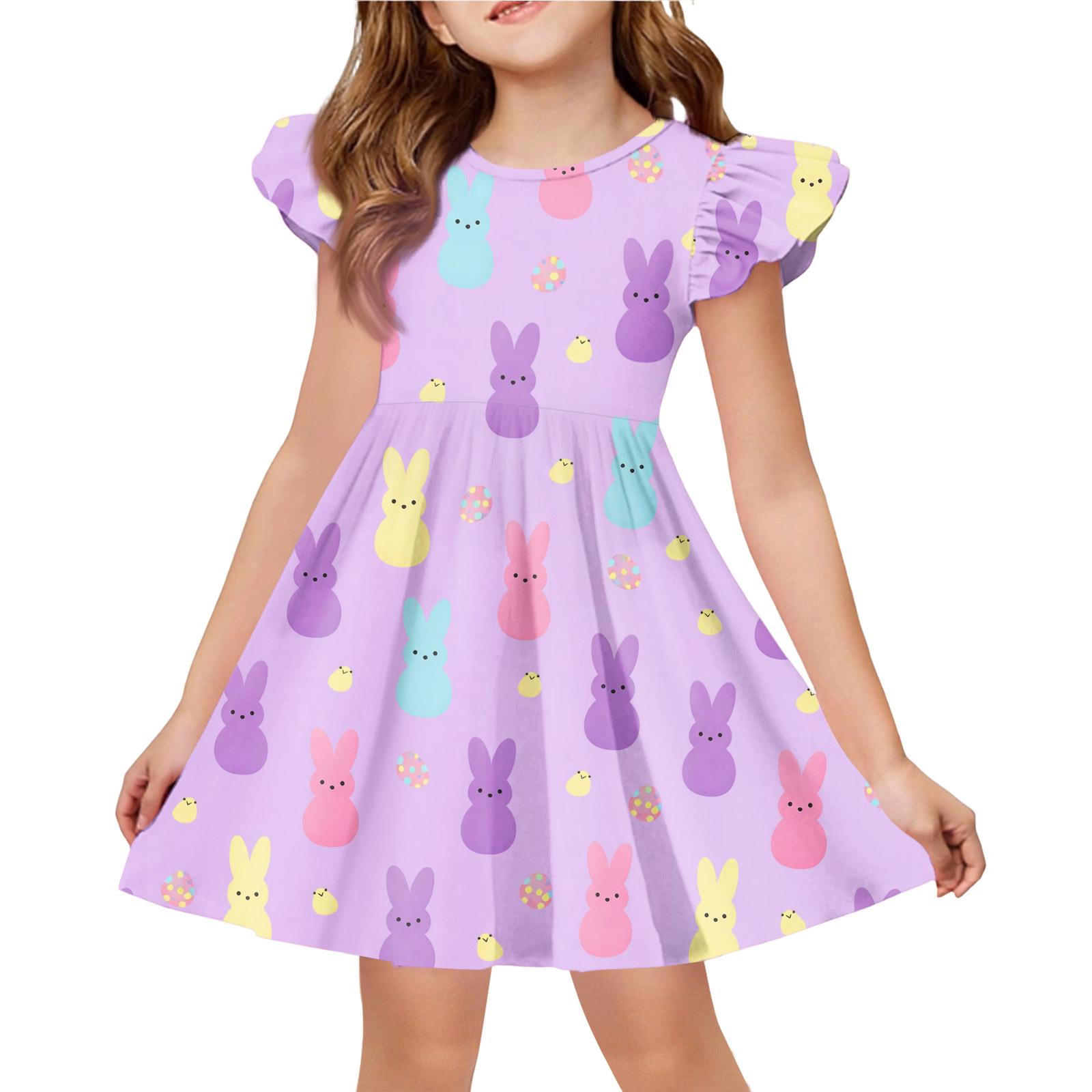 

Girls Easter Dress Ruffle Sleeve Bunny Print Casual Party Dress Lightweight Comfortable Fit for Toddlers and Kids 110 фиолетовый