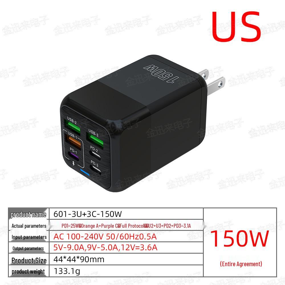 150W Multi-Port Charger: 3 USB + 3 PD Fast Charge, Euro & UK Standard
