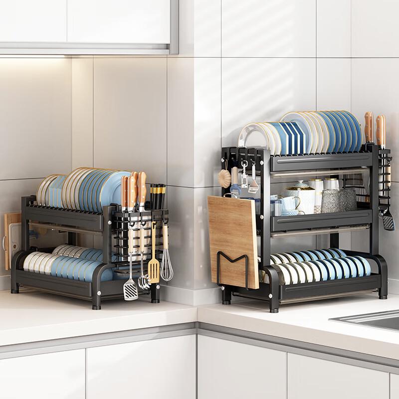 Three-Layer Black Countertop Dish Drainer Rack with Utensil Holders