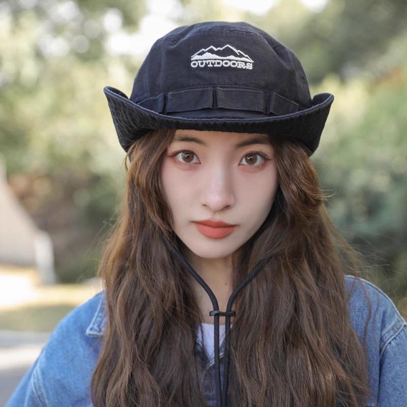 Summer Western Cowboy Hat for Women Fashion Embroidery Wide Brim Drawstring Fisherman Cap Hiking Mountaineering Sunscreen Caps