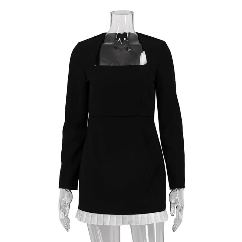 

Western Style Contrast Color Patchwork Long sleeve Square Collar Dress Color Blocked Square Neck Dress Black S