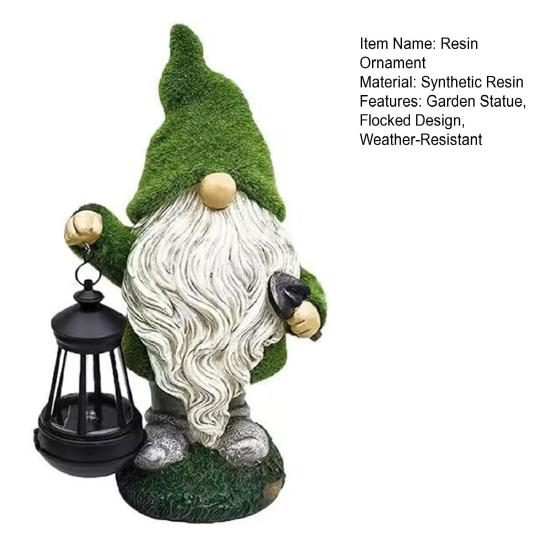 Garden Gnome Solar Light Dwarf Statue Holding Solar Lantern Flocked