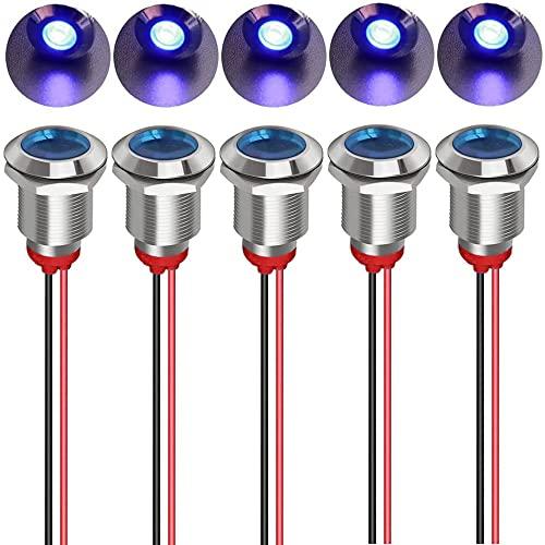 KILIGEN 5pcs 12mm AC/DC 12-24V LED Metal Indicator Lights Waterproof Signal Lamp Pilot Dash Directional with Wire (Blue)