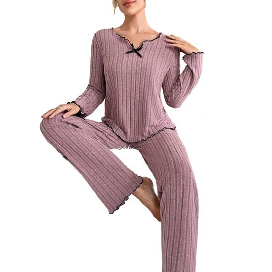 2Pcs/Set Women Pajamas Set V-Neck Long Sleeve Lace Trim Tops Elastic Waist Long Pants Set Solid Color Ribbed Sleepwear