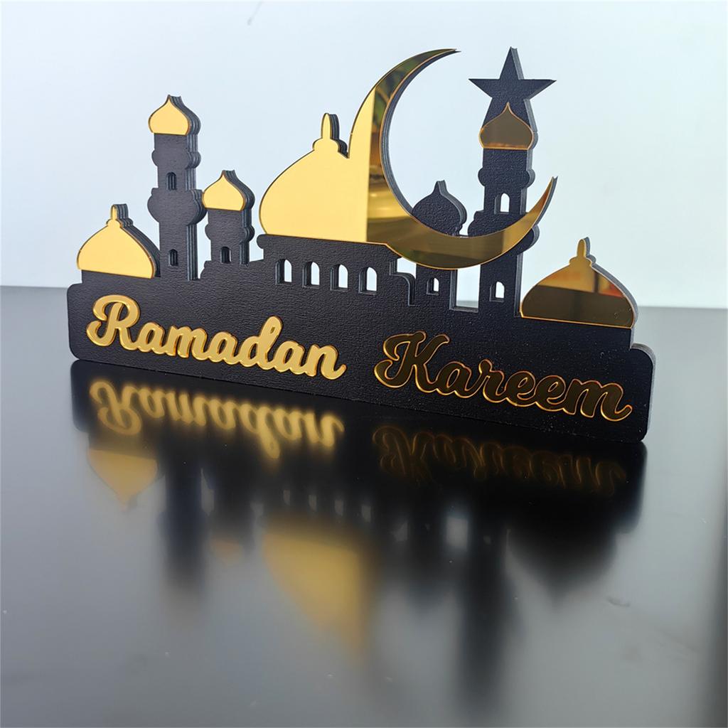 Customizable Ramadans Table Sign Acrylic Gold Silver Hollowed Castles Pattern Islamic Home for Holiday Gifting