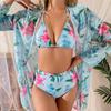New Floral Print Bikini Set: Three-Piece with Boxer Shorts, High-Cut Swimwear, and Sheer Long Sleeve Cover-Up