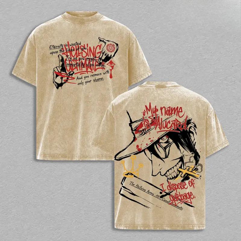 Hot Anime Hellsing Alucard Cool Graphic Tee Men Short Sleeve Clothing Washed Cotton Tshirt Casual T-shirt Harajuku Retro T Shirt