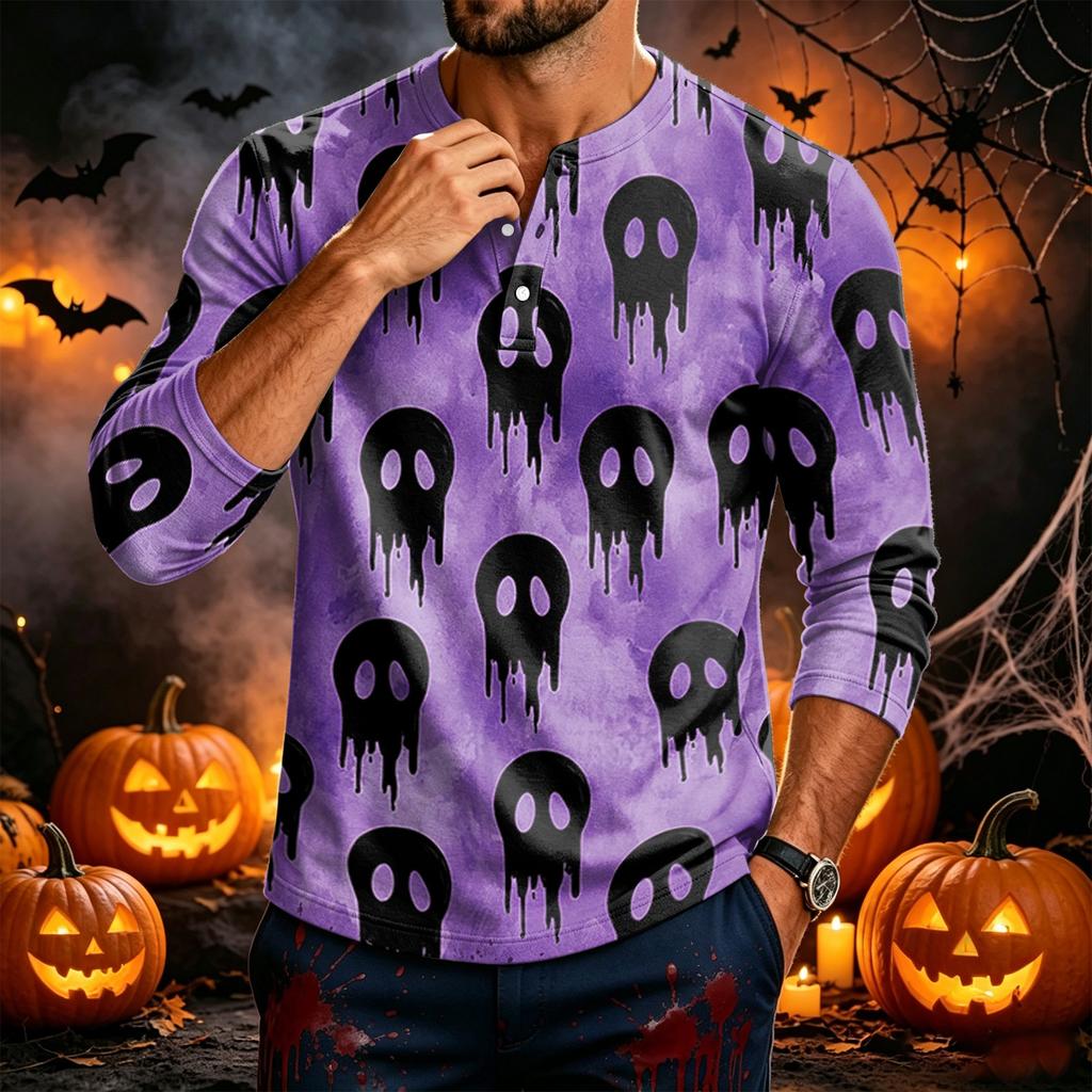 Men's Long Sleeve T-Shirt with Halloween Print for Casual Festival Wear