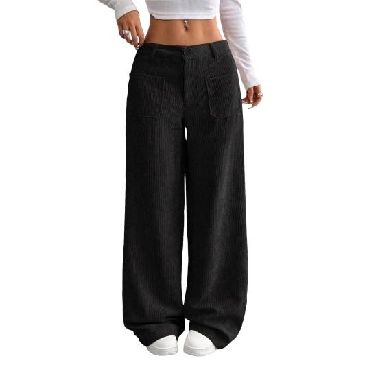 

Женские брюки с низкой посадкой, на молнии и пуговице, прямые широкие длинные брюки с карманами, однотонные рубчатые брюки для отдыха M чёрный
