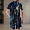 Men Plus Size Dark Blue Printed Round Neck Short Sleeve Top And Shorts Two Piece Set